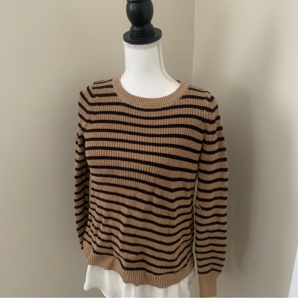 Loft Tan Black Stripe Chunky Knit Faux White Chiffon Layered Sweater Open Back S - Picture 3 of 8